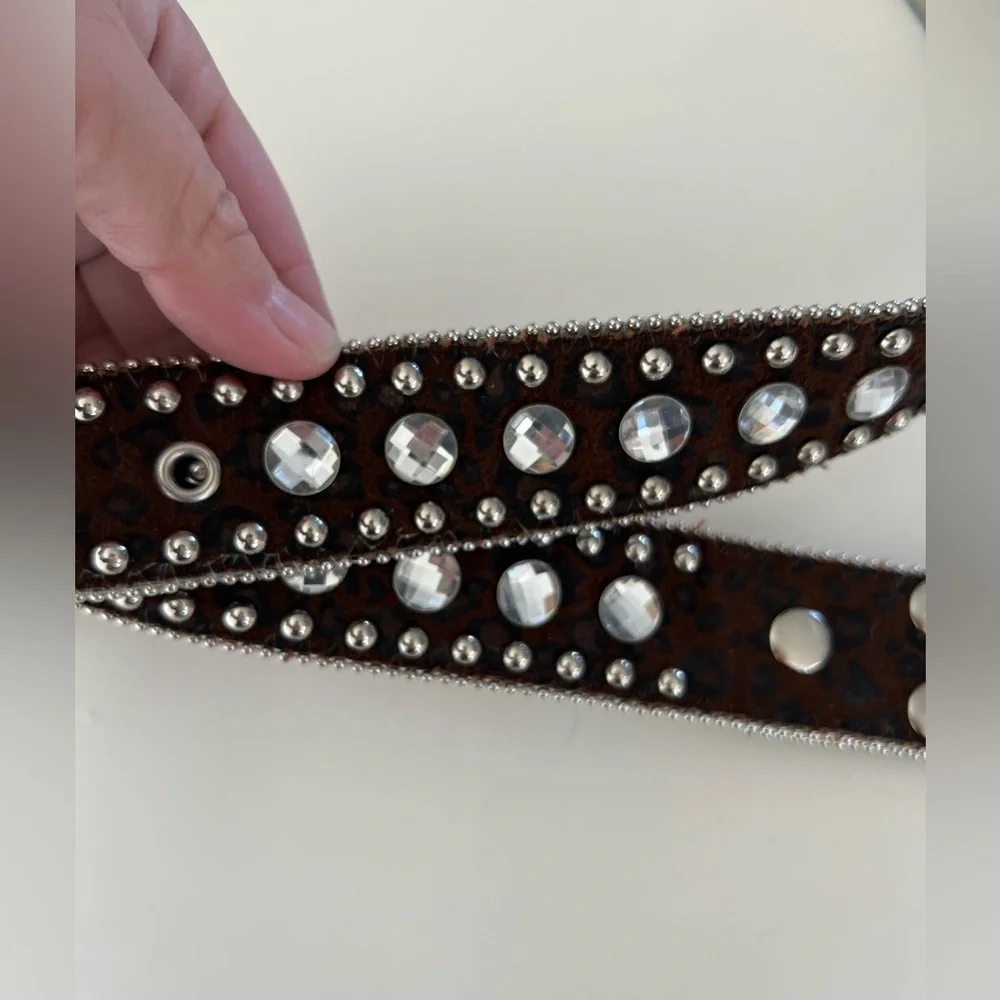 Leather Leopard‎ Print Rhinestone Silver Metal Western Studded Belt